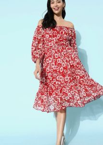 Floral Red Cinched Waist Midi Dress