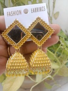 Yellow Mirror Jhumki Earrings