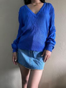 Blue V-neck Puff Sleeve Sweater 🎀