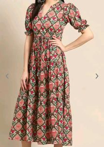 Green &amp; Pink Ethnic Motifs Printed Tiered Dress