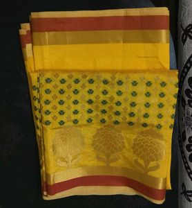 Unused Yellow Cotton Blend Saree