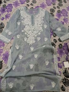 Grey Georgette Chikankari Kurta With Inner