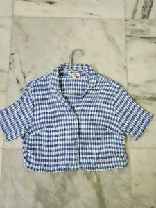 Blue Gingham Cropped Button-Down