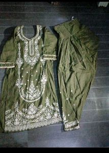 Olive Green Embroidered Kurta Set