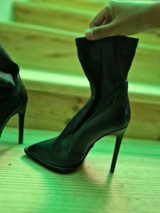 Black Leather Stiletto Sock Booties