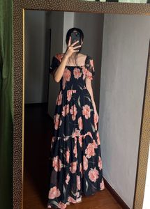 Chiffon Floral Smocked A-Line MAXI Dress