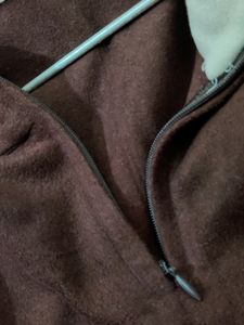 💥BUY1GET1💥 imported brown quarter-zip hoodie with white trim.