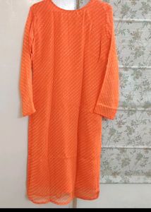 Beautiful Orange Kurta Set With Gotta Patti Work And Leheriya Print