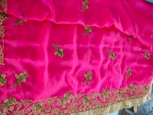 Pink With Gold Embroidery Sarees (Women&#39;s)