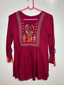 Maroon Embroidered Kurta