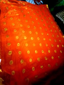🔥Orange &amp; Gold  Dot Saree😱