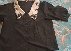 Black Blouse with Embroidered Collar