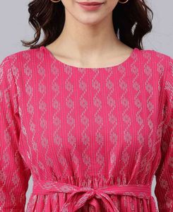 Janasya Printed Tiered Dress With Waist Tie-up