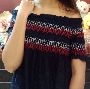 Off shoulder navy Embroidered Smocked Top