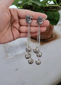 Silver Oxidised Long Hanging Earrings