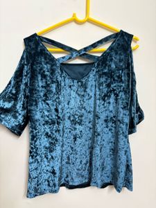 Latin Quarter- Teal Velvet Cold Shoulder Top