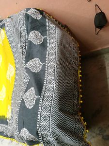 New Yellow&amp;Gray BlockPrint MulmulCotton Saree+Blou