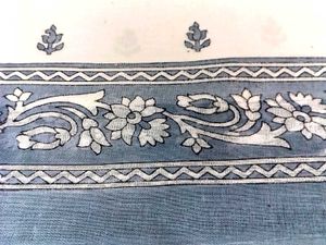 Pure Cotton Saree Fabric - White &amp; Blue Leaf Print