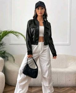 Collarless Faux leather jacket