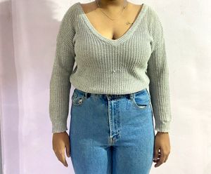 Grey Deep Neck Knitted Top