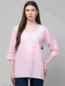 Pink short kurti white Embroidered