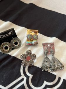 Earrings And One Finger Oxidised Ring
