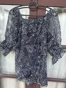Square Neck Sheer Black & White Print Top