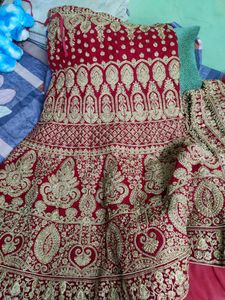 Fish Cut Bridal Red Velvet Lahenga