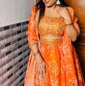 Orange&amp; gold sequined lehanga Myntra