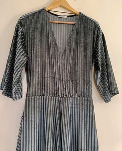Zara Blue Gray Striped Velvet Wide Leg Jumpsuit