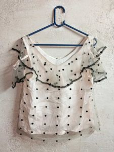 Trendy Polka Dot Ruffle Crop Top Layered Cream