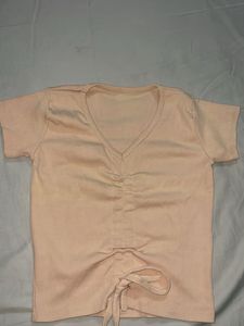 Peach Ribbed V-Neck Drawstring Top