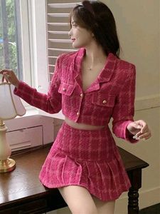 Chic Pink Skirt Set Plaid Korean Aesthetic
