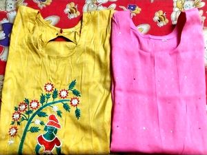 Cotton Sleeveless Kurtis.. Light Pink & Golden