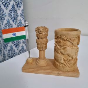 Wooden Pen Stand with Ashoka Stambh &amp; National Flag