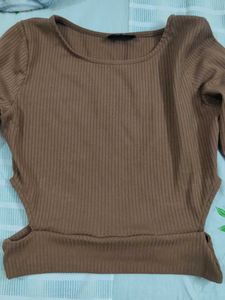 Brown Ribbed Cutout Top