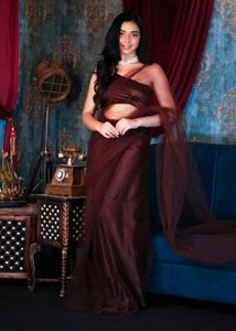 Brown Mesh Saree - Stitched