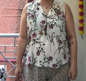 White Floral Sleeveless Top