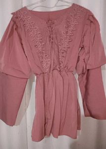 Stylish Peach Peplum Tunic With Lace Detail