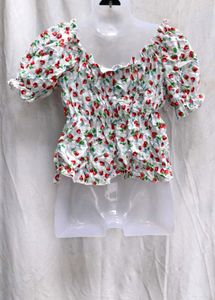 I. Strawberry Print Peplum Top