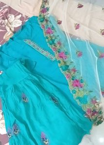Teal Floral Dupatta Gharara Suit