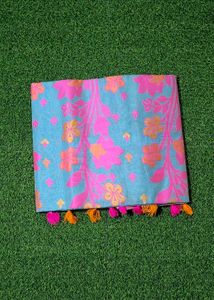Pompom Handloom Saree - Marine Blue