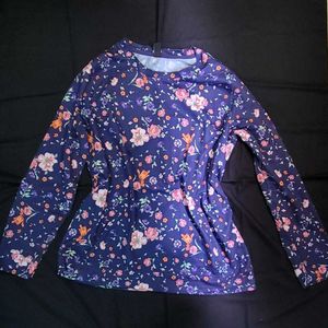 Dark Blue Floral Long Sleeves Aesthetic Cozy Top