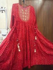 red flowing dress