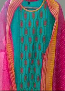 Teal &amp; Pink Kurta With Duppatta
