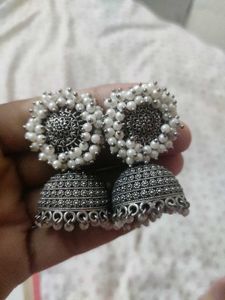 Silver Jhumka Earrings with Pearl Details