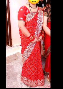 Red Bandhani Print Saree 👍