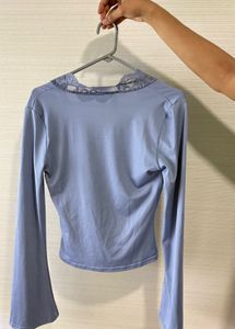 Blue Lace Trim Long Sleeve Top