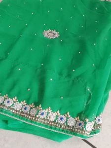 Green Embellished Sari With Blouse