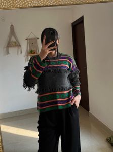 ARYGLE  PRINT TASSLE GREY SWEATER